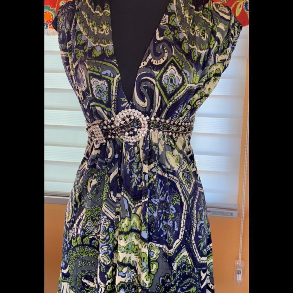 🆕 ✨SKY 100% silk sleeveless dress rhinestone bling belt size Med 🩵